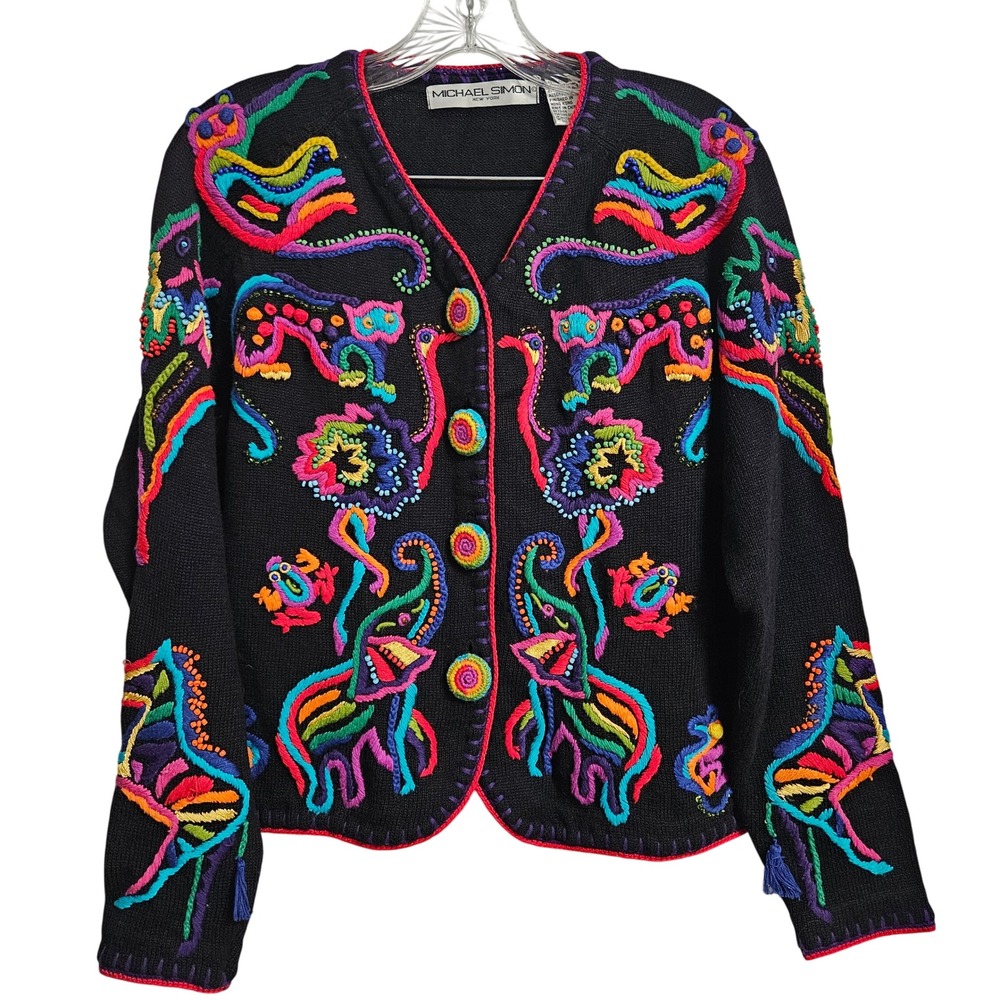 VTG 1994 Michael Simon Cardigan Womens Lg Black Multi Jungle Beaded Embroidered